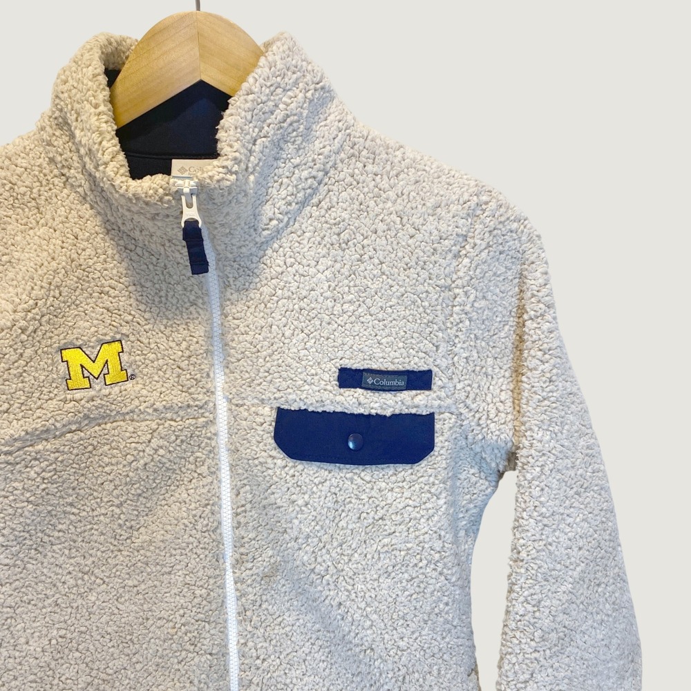 Columbia Fleece Jacket Womens S Cream Excellent Michigan Wolverines Sherpa Zip